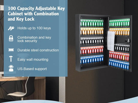 Built Tough Wall Mount Key Lock Box With 100 Numbered Hooks For Secure Office And Business Use Steel Combo Key Cabinet with open door showing 100 keys.