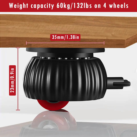 Close-up view of black 8 Pack Self Adhesive Caster Wheels With 360 Degree Swivel Mini Casters And Ball Bearings under a wooden table.