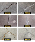 Before and after images of cracks filled using No Nonsense High Elasticity Concrete Crack Filler 17.63 Fl Oz Liquid Cement Self Leveling Waterproof Sealant for Driveways Walkways Patios and Holes Indoors Outdoors Quick Drying Permanent Fix