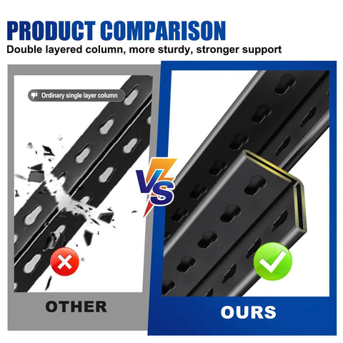 Comparison of steel columns, single-layer vs double-layer, for Beefy 5 Tier Garage Shelving Unit With Tool Free Adjustable Metal Shelves Holds 600 Lbs Per Tier For Basement Pantry Kitchen Or Garage Black 45.6 Inches Wide 19.7 Inches Deep 78 Inches High.