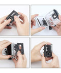 Hands assembling GoPro Hero 7 6 5 Waterproof Housing Case with Touchable Cover for underwater use, transparent shell details.
