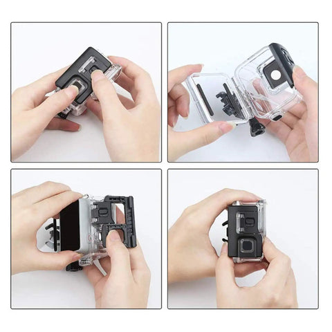 Hands assembling GoPro Hero 7 6 5 Waterproof Housing Case with Touchable Cover for underwater use, transparent shell details.