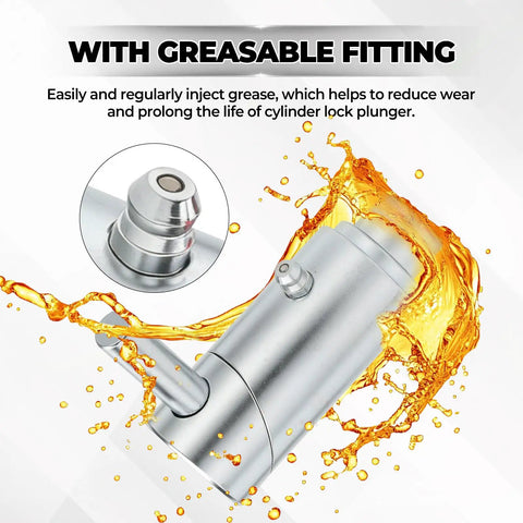 Four Pack Three Quarters Inch Spring Loaded Cam Lock Plunger Pins with grease fittings, close-up view with grease.