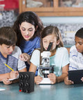 Built Tough Variable Resistor Panel With 0 To 9999 Ohm Range next to students using a microscope in a classroom.