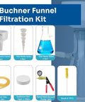 500 Ml Vacuum Filtration Kit With Buchner Funnel And Handheld Vacuum Pump Includes Filter Paper Pack Stoppers Tubing Cleaning Brush And An 80mm Porcelain Funnel Complete Lab Filtration Set For Quick Pro Grade Filtering image showing glass flask, porcelain funnel, vacuum pump, tubing, stoppers, filter paper, cleaning brush.