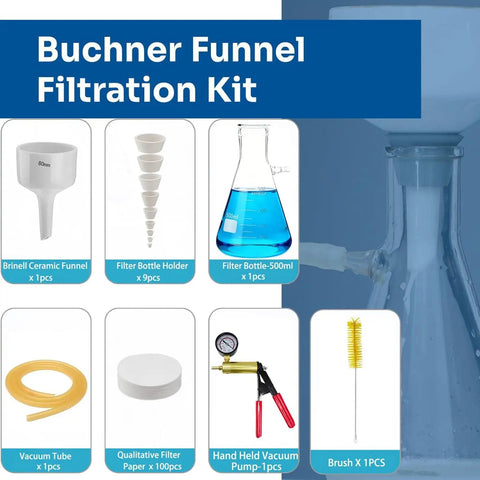 500 Ml Vacuum Filtration Kit With Buchner Funnel And Handheld Vacuum Pump Includes Filter Paper Pack Stoppers Tubing Cleaning Brush And An 80mm Porcelain Funnel Complete Lab Filtration Set For Quick Pro Grade Filtering image showing glass flask, porcelain funnel, vacuum pump, tubing, stoppers, filter paper, cleaning brush.