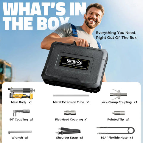 Man holding toolkit for Cordless 12000 PSI Grease Gun With 39 Inch Hose, Dual Pistol And Inline Grip, Tool Only