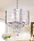 Chrome Crystal Chandelier With Abstract Shade Four-Bulb Lighting Fixture Adjustable Chain For Length Sparkling Crystal Pendants