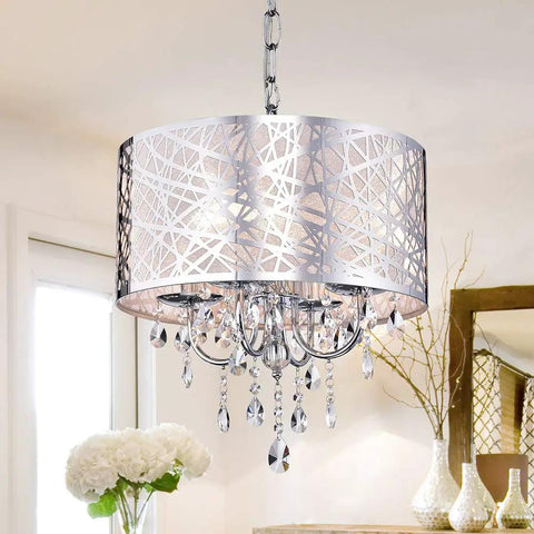 Chrome Crystal Chandelier With Abstract Shade Four-Bulb Lighting Fixture Adjustable Chain For Length Sparkling Crystal Pendants
