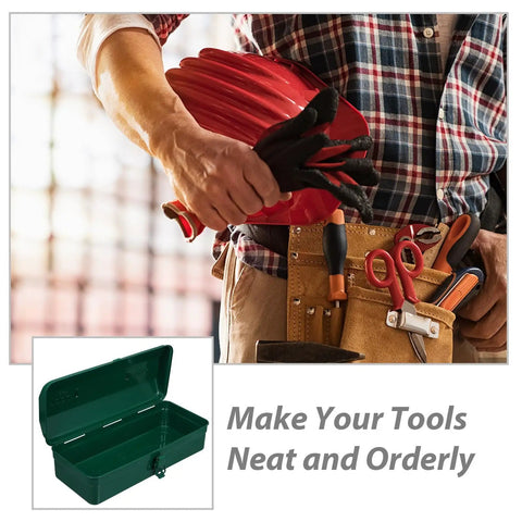 Big Boy Green Metal Toolbox with Rugged Carry Handle and Secure Latch Perfect for Garage Organization and Truck Bed Runs, open showing ample storage.