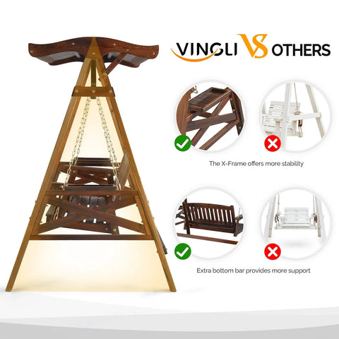 Comparison of Porch Swing With Stand And Canopy, showcasing stability of rustic style backyard swing set.