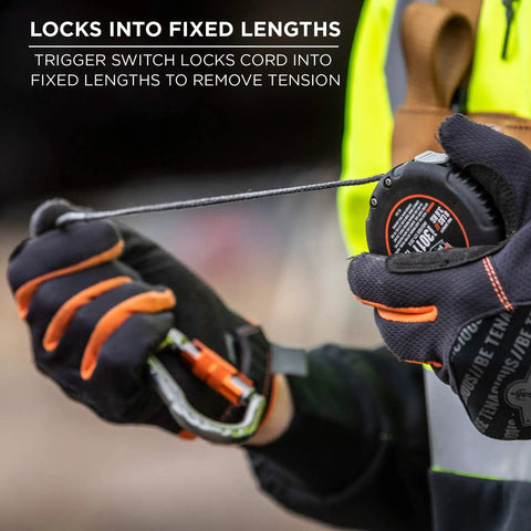 Close-up of Squids 3011 Retractable Tool Lanyard with Carabiner Mount in use, showing locking mechanism and lightweight design.