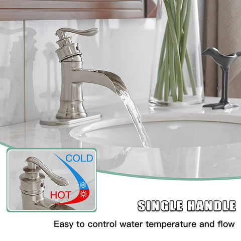 Brushed Nickel Bathroom Sink Faucet 1 Hole Single Handle Waterfall Style Brass Construction Lead Free Vanity Faucet For Home Or Commercial Use No Pop Up Drain Easy Install And Durable Design