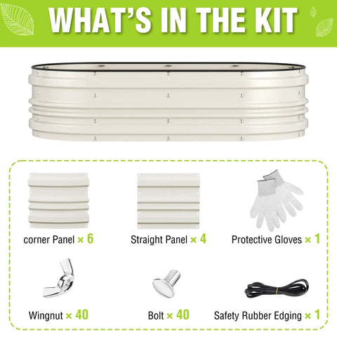 Galvanized Raised Garden Bed Set 4x2x1ft Open Bottom Design kit with panels, gloves, wingnuts, bolts, rubber edging, white
