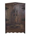 Wooden cabinet with Six Pack Heavy Duty 5 Inch Gate Hinges Strap Hinges For Barn Doors installed, showing iron construction and durability.