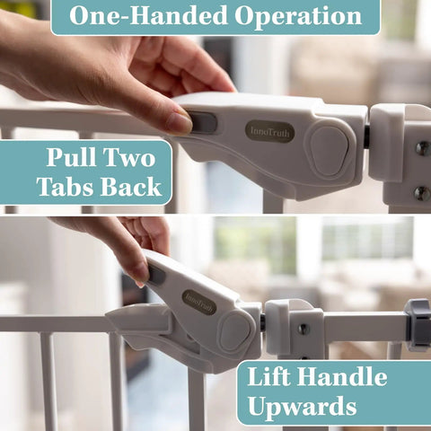 Hand demonstrating one-handed operation of Adjustable Baby Gate For Pets 29 To 39.6 Inches Wide, 30 Inch Tall, auto-close feature.