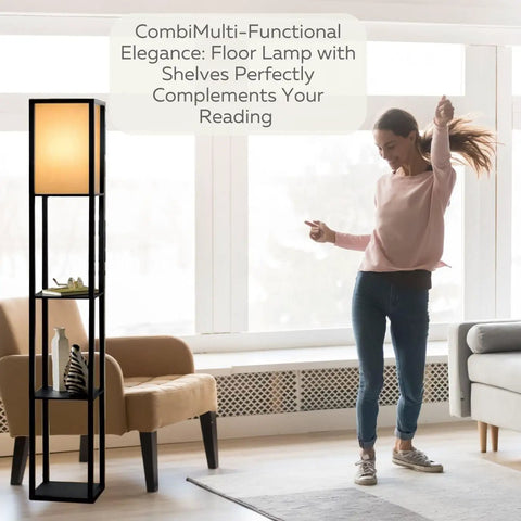Corner Floor Lamp With Shelves For Living Room And Bedroom Cozy Bookshelf Lamp With Wooden Shelves And White Cotton Linen Shade Black Finish