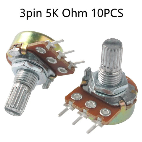 10Pcs 5K Ohm Linear Potentiometers Kit With 3 Pin 15mm Shaft, shown in two different angles
