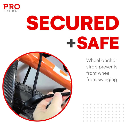 Close-up of hand securing a bike wheel with a strap, preventing front wheel from swinging, text "Secured + Safe" displayed.