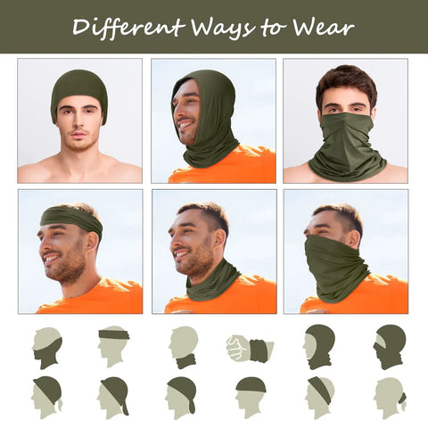 Different ways to wear 6 Pack Summer UV Protection Cooling Neck Gaiter Scarf Face Cover Bandana Khaki Set Of 6