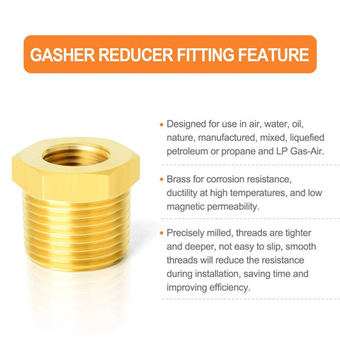 Brass hex bushing fitting kit feature with corrosion-resistant brass for plumbing and hydraulic lines, showing detailed specifications.
