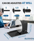 No Sweat Automatic Label Rewinder Machine With Heavy Gauge Metal Take Up Drum and Slick Two Way Rollback For Fast Printer Sync Bulk Labeling Warehouse Essential showing adjustable roll sizes.