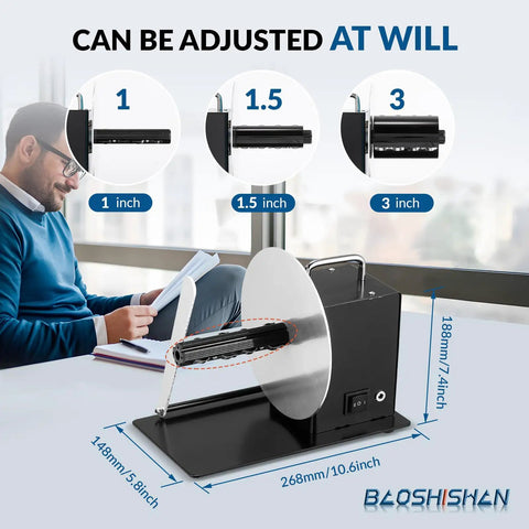 No Sweat Automatic Label Rewinder Machine With Heavy Gauge Metal Take Up Drum and Slick Two Way Rollback For Fast Printer Sync Bulk Labeling Warehouse Essential showing adjustable roll sizes.