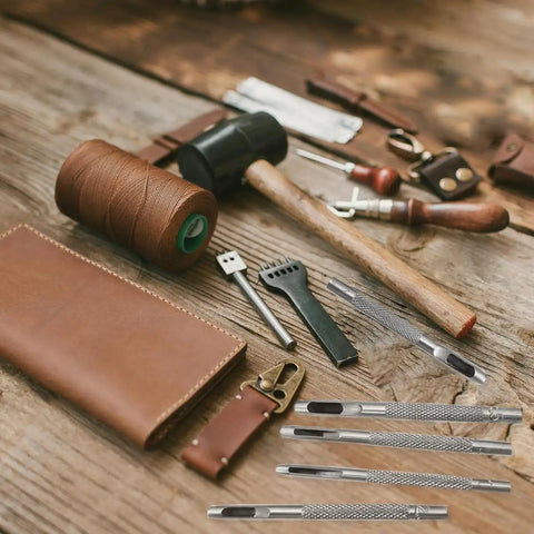 Six Piece Beefy Metal Hollow Hole Punch Kit For Leather Belt DIY Crafts 1.5mm To 4mm, tools and leather materials on wood surface