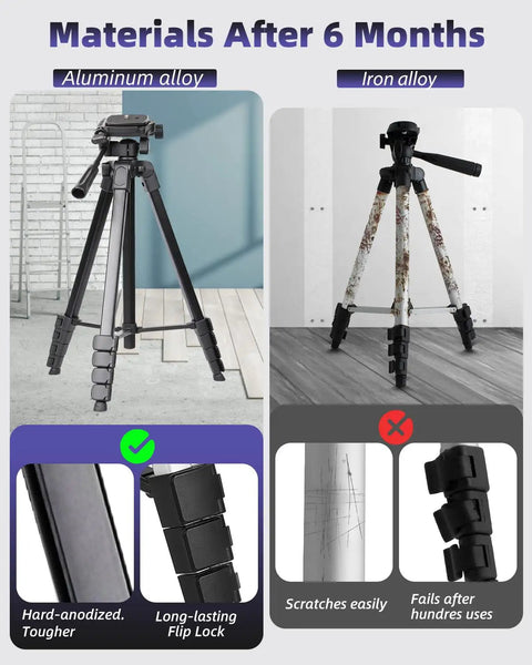 Comparison of aluminum alloy and iron tripod after 6 months, highlighting durability and locks for Ultra Lightweight 68 Inch Aluminum Laser Level Tripod With Bubble Level And Quick Release Plate One Quarter Inch Mount 360 Degree Pivot Pro Grade Flip Locks Folds To 18 Inches For Precise Laser Line Leveling.