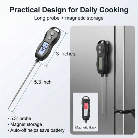 Image of Digital Meat Thermometer With Backlight Instant Read In Seconds Waterproof For Cooking, 5.3-inch probe mounted on fridge