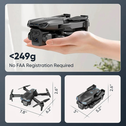 Hand holding a compact foldable 1080P camera drone, showing size dimensions under 249g, with no FAA registration required.