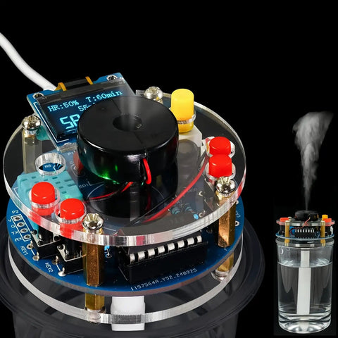 Humidifier Soldering Practice Kit with components, PCB, enclosure and tools for beginners and electronics enthusiasts DIY project.