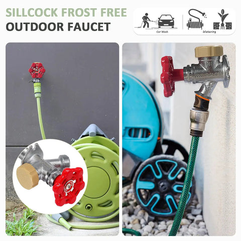 Frost Free Outdoor Faucet With Anti Siphon Backflow Preventer, Lead Free Brass Frost Proof Sillcock, installed with garden hose