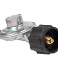 Close-up of Five Foot Propane Regulator Hose Replacement Part For Outdoor Gas Water Heaters And Grills Three Eighth Inch Female Flare Nut Type One QCC1 Connection Brass Hose Up To Eighty Thousand BTU showing connector detail.
