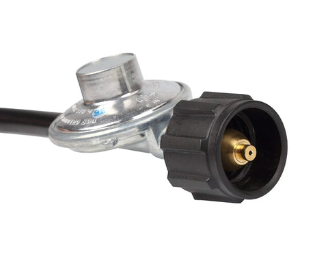 Close-up of Five Foot Propane Regulator Hose Replacement Part For Outdoor Gas Water Heaters And Grills Three Eighth Inch Female Flare Nut Type One QCC1 Connection Brass Hose Up To Eighty Thousand BTU showing connector detail.