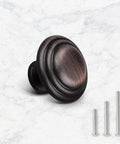 Oil Rubbed Bronze Cabinet Knob Set 5 Pack 1-3/8 Inch Round Knobs With 1 Inch Screws For Kitchen Cabinets Wardrobe Dressers Drawers And Closets Durable Finish Easy To Install Go-To Upgrade For Your Kitchen, shown with three screws