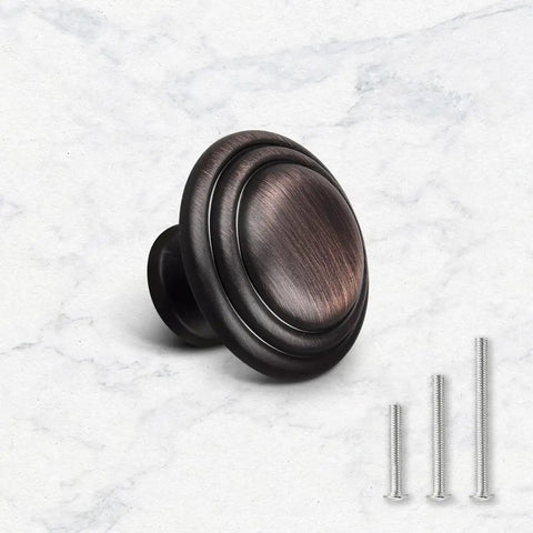Oil Rubbed Bronze Cabinet Knob Set 5 Pack 1-3/8 Inch Round Knobs With 1 Inch Screws For Kitchen Cabinets Wardrobe Dressers Drawers And Closets Durable Finish Easy To Install Go-To Upgrade For Your Kitchen, shown with three screws