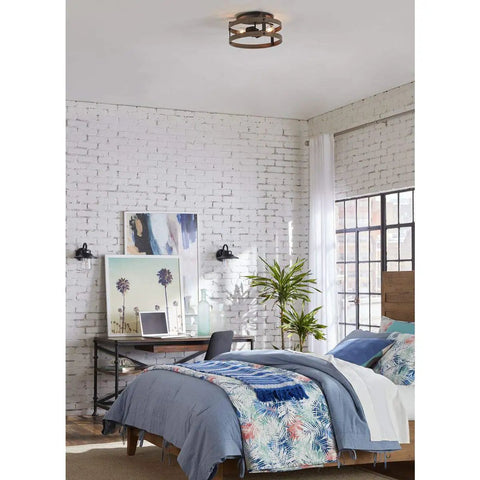 Gulliver Collection 2-Light Weathered Gray Farmhouse Flush Mount Ceiling Light With Open Cage Frame in bedroom