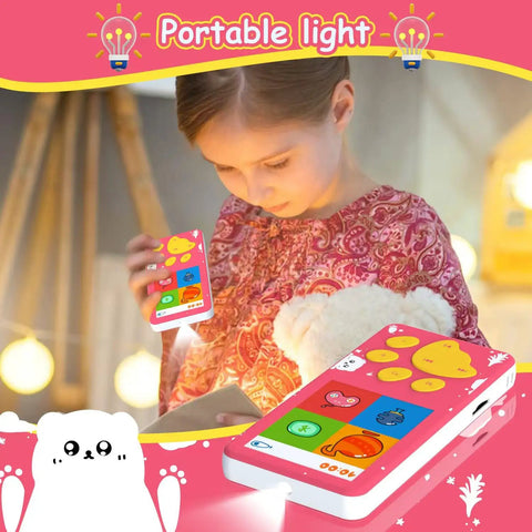 Child using Kids MP3 Player With Bluetooth, 32GB Pink Portable Music Player For Kids with cartoon bear paw button and flashlight.