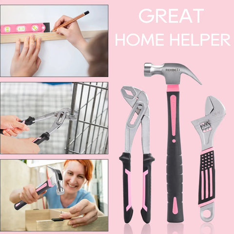 Pink 219-Piece Tool Set For Women With 16 Inch Tool Bag including hammer, pliers, and wrench used in home repairs.