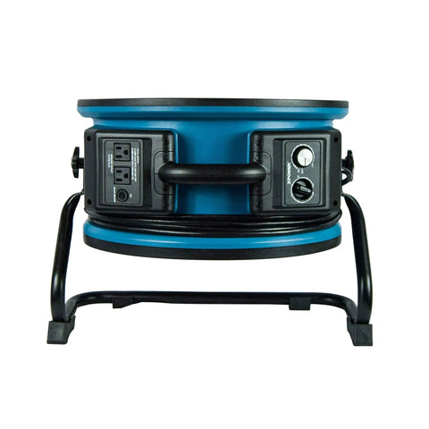 Real Heavy Lifter One Third Hp Sealed Motor Axial Air Mover Fan With Snappy Variable Speed Switch And Three Hour Timer Blue Bulk Crate Of Twenty Eight Industrial Blower That Knocks Out Dampness Quick - front view with controls and carry handle.