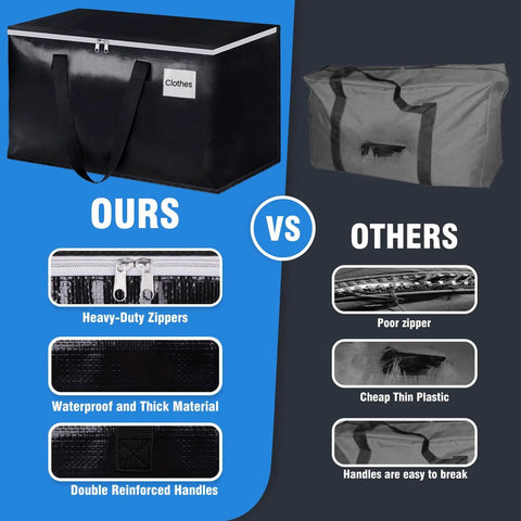 Comparison of Collapsible Moving Bags 93L 6-Pack Heavy-Duty Packing Totes with zippers, handles, and durable material vs inferior bags