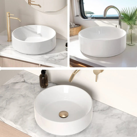 Round Vessel Sink For Bathroom 15.75 Inch Ceramic Bowl With White Gloss Finish Sleek Look Above Countertop Lavatory Vanity Sink Durable Glazed Ceramic 1.75 Inch Drain Opening Fits Standard Drains And Cabinets in various bathroom settings.