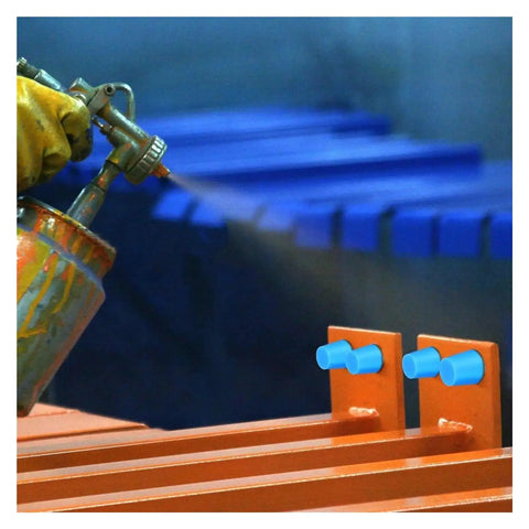 Super Tough High Temp Silicone Rubber Tapered Plugs Kit With Conical Hole Stoppers For Sealing, Cracking Resistant And Heat Proof Stopper Solution That Fits Like A Charm; blue tapered plugs on orange metal parts during spray coating
