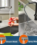 Pull Down Kitchen Faucet With Deck Plate And Sprayer, Dual Tone Matte Black And Chrome Finish, dual stream and spray mode