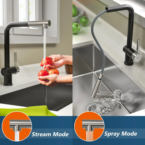 Pull Down Kitchen Faucet With Deck Plate And Sprayer, Dual Tone Matte Black And Chrome Finish, dual stream and spray mode