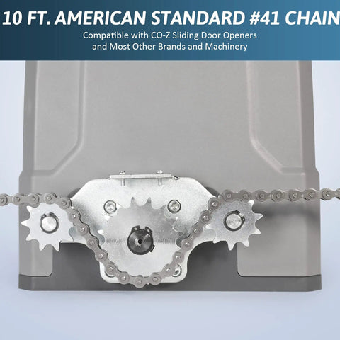 Heavy Duty Number 41 Roller Chain, 10 Foot Gate Opener Chain Extension shown mounted on sliding gate system