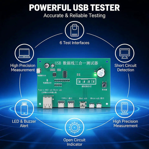 3 In 1 Cable Tester Module With Type C, Mini USB, And Micro USB Ports, PCB Material, LED indicators and test interfaces