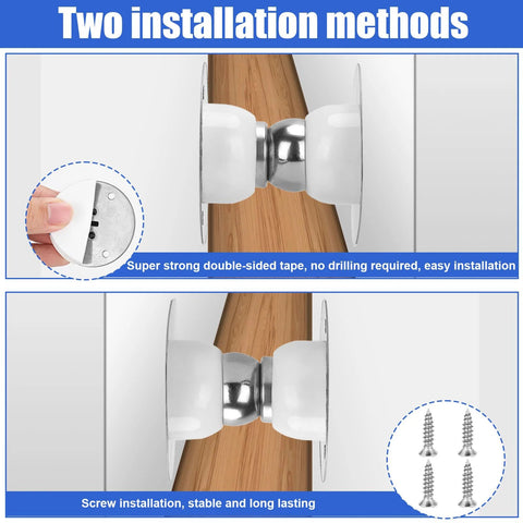 White magnetic RV exterior door catch; dual install options with tape and four screws shown