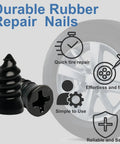 Fast Fix Tire Plug Kit With 61 Screw In Plugs And Screwdriver For Cars, Motorcycles, Trucks, And Farm Equipment Self Service Tire Repair In Seconds No Jack Needed No Glue Required, showing durable rubber repair nails with tire graphics.